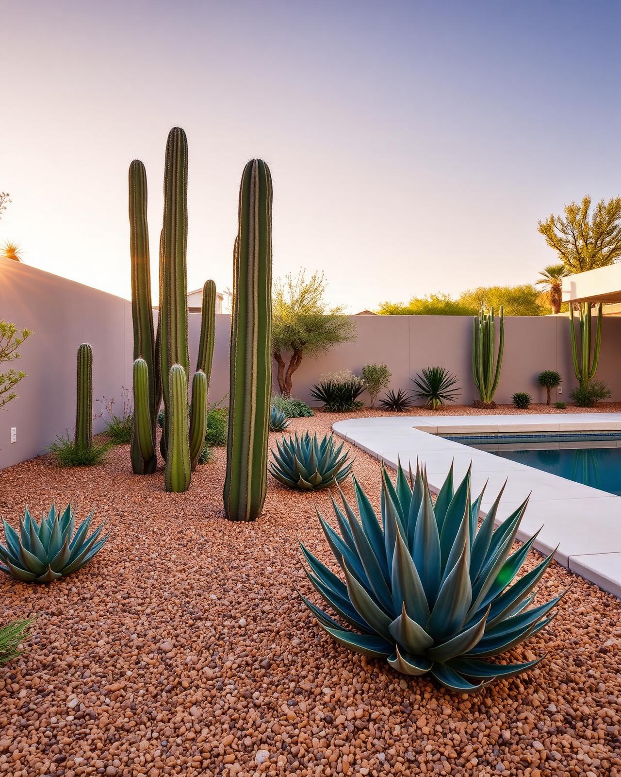 Modern Phoenix garden with agave, decorative gravel, and a minimalist pool